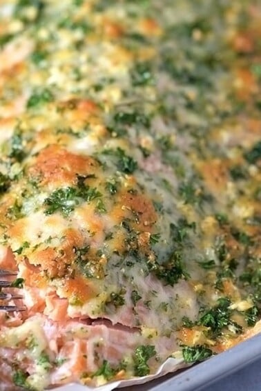 Baked Salmon with Parmesan Herb Crust Recipe on white plate.
