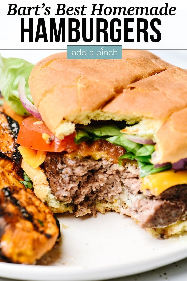 Hamburger with all fixings with bite out of it - with text