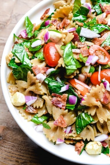 BLT Pasta Salad in white bowl.