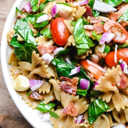 BLT Pasta Salad in white bowl.