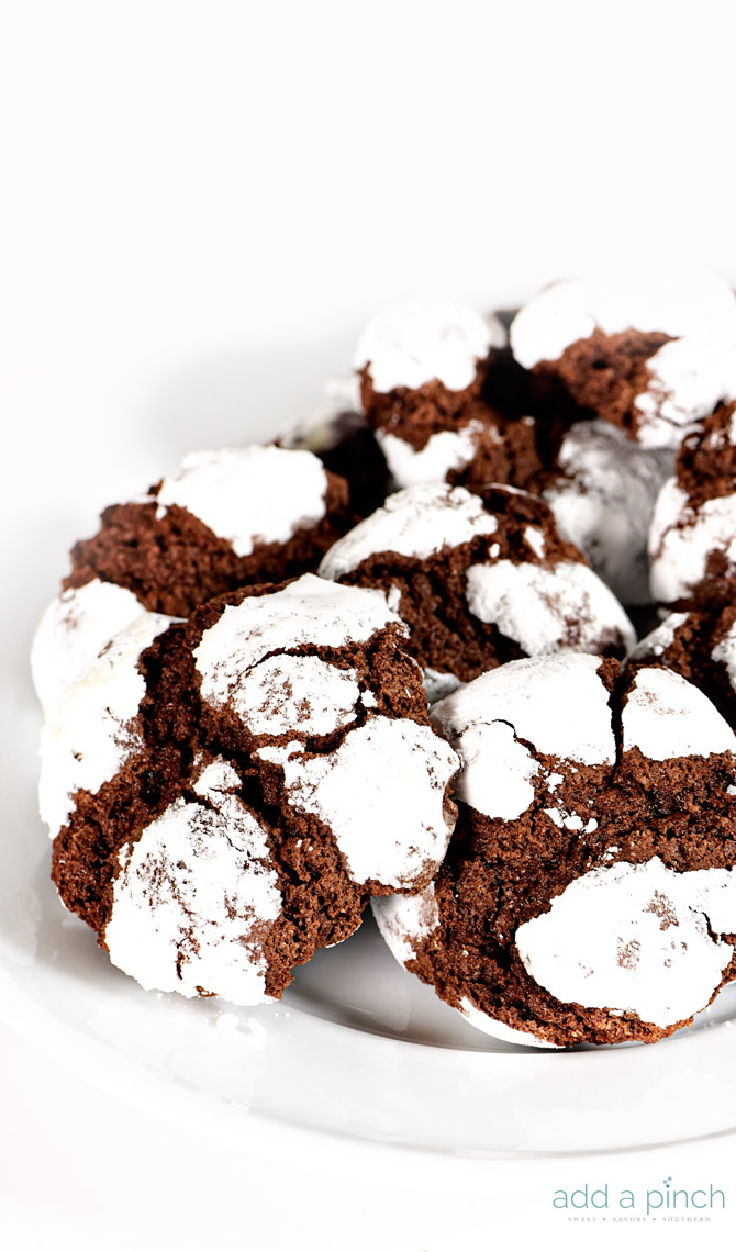 Chocolate Crinkle cookies feature chocolate cookies dusted with white powdered sugar.
