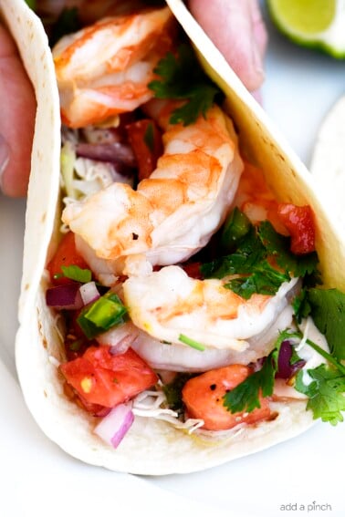 Shrimp, fresh pico and herbs in a soft tortilla.