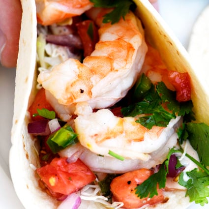 Shrimp, fresh pico and herbs in a soft tortilla.