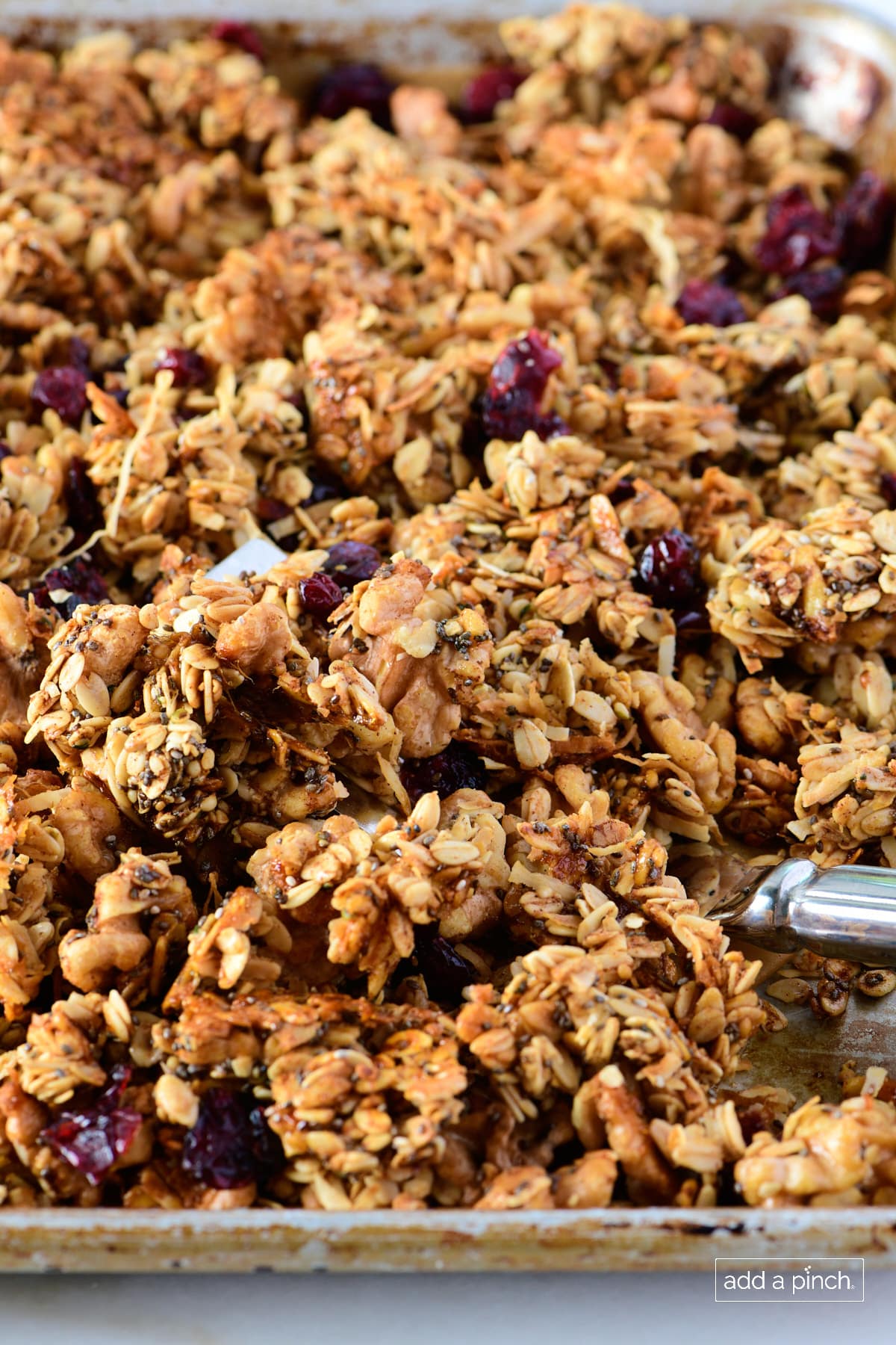 Homemade granola on a sheet pan.